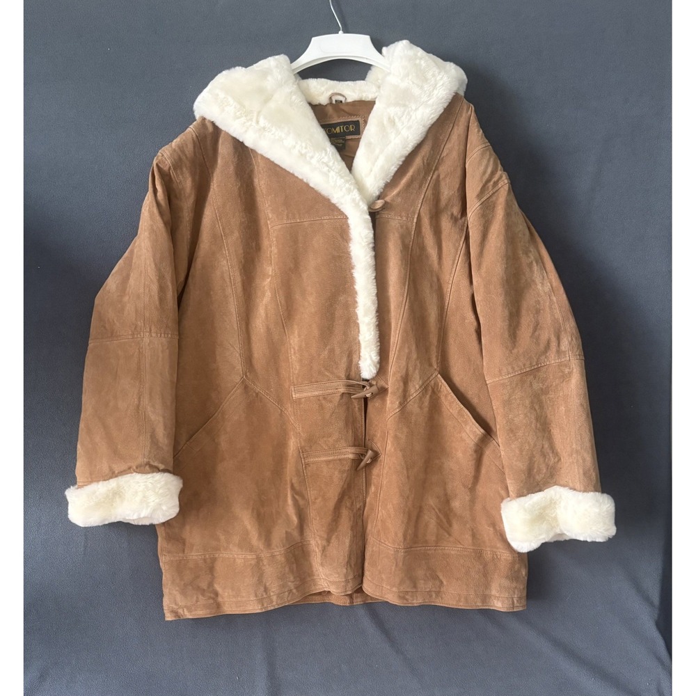 Vintage Komitor Suede Leather Coat Faux Fur Hooded Parka Jacket Toggle Camel 3X